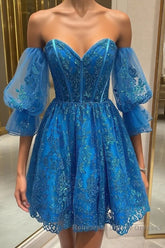 Off the Shoulder Short Blue Lace Semi Formal Prom Dresses, Short Blue Lace Formal Homecoming Dresses